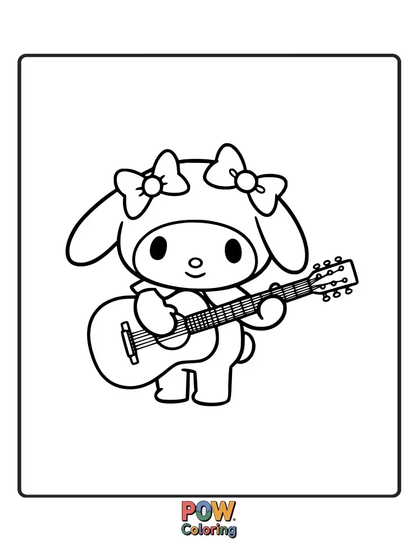 Free coloring page of Strum along with My Melody as she plays her favorite tune on a sweet-sounding guitar.