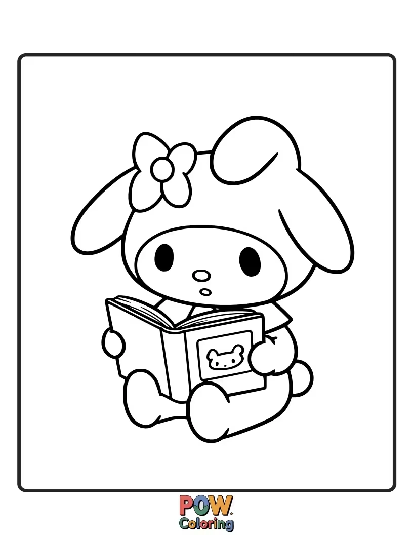 Free coloring page of Color My Melody engrossed in a captivating storybook, imagining all the adventures within its pages.