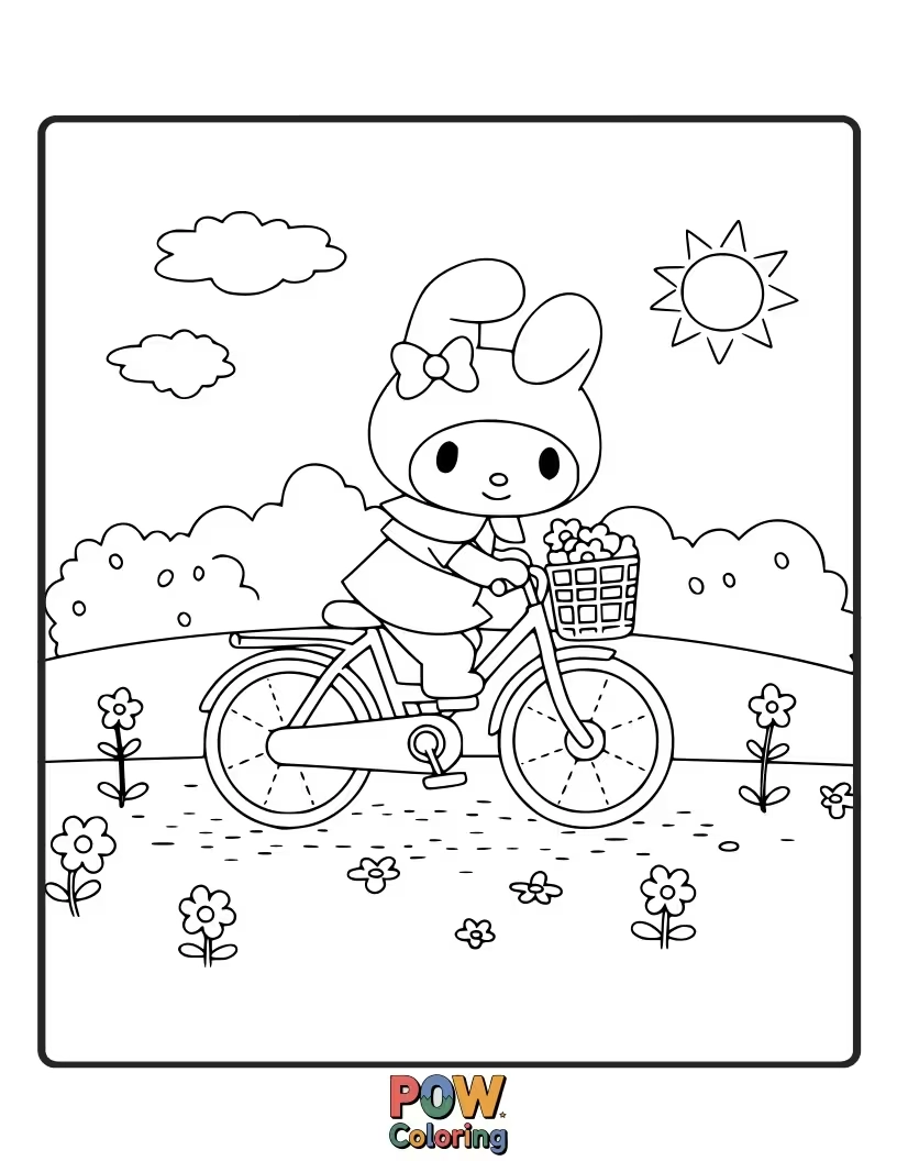 Free coloring page of Pedal into fun with My Melody as she cycles through a scenic path, wind in her ears.