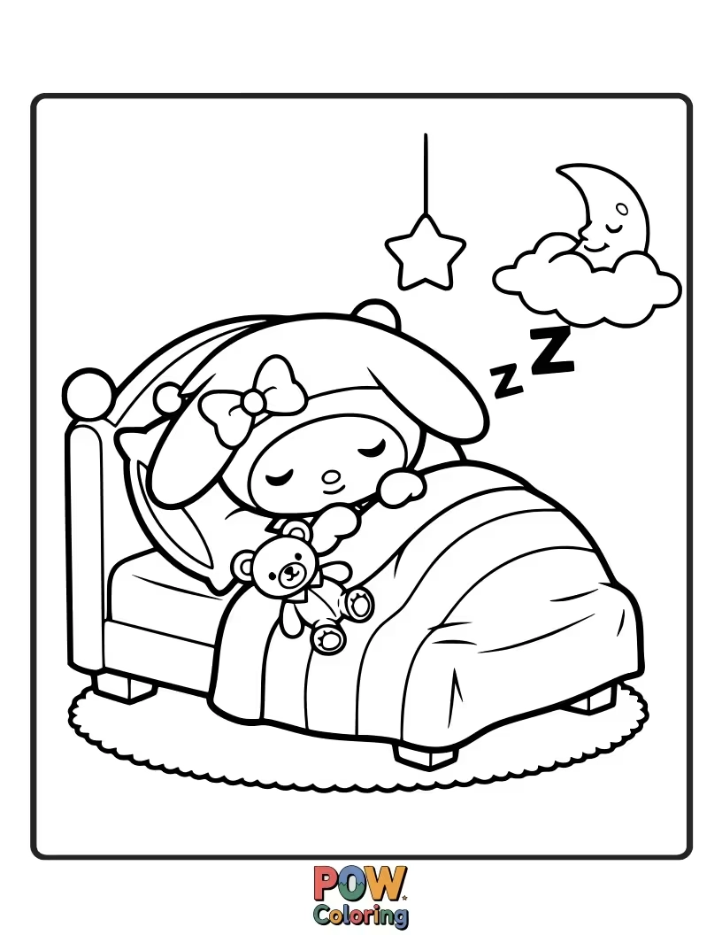 Free coloring page of My Melody snuggled in bed, dreaming sweet dreams with a pillow.