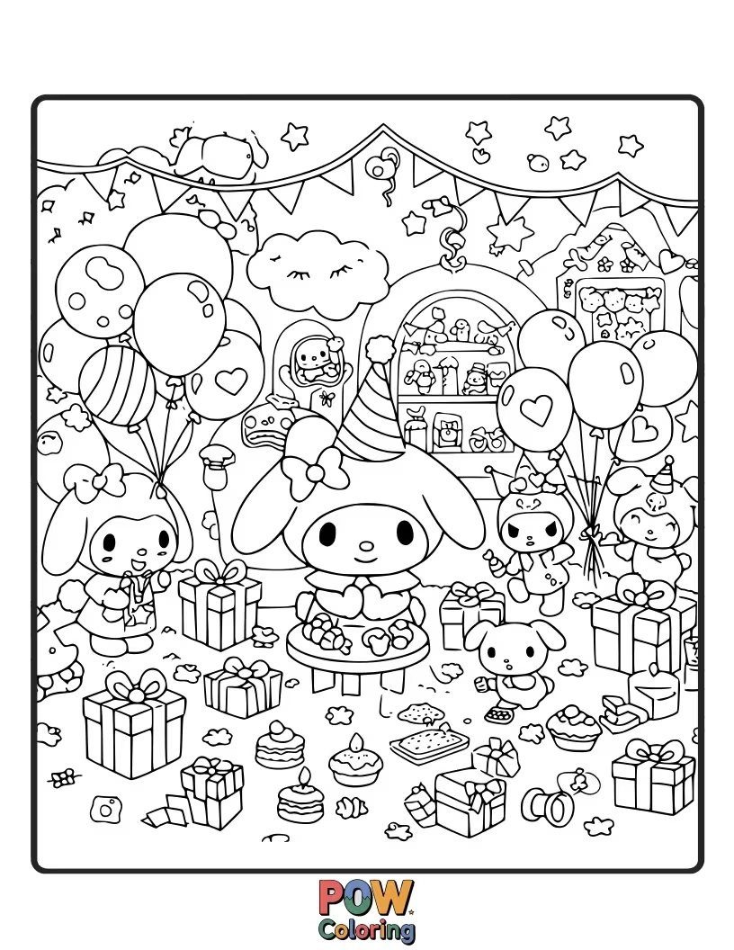 Free coloring page of Get ready for a surprise! Color My Melody as she discovers a hidden party setup.