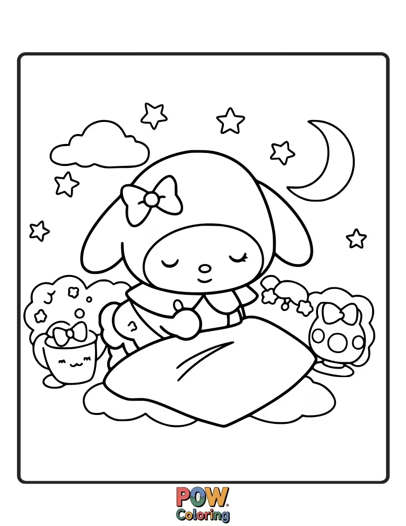 Free coloring page of A peaceful My Melody drifts off to sleep, surrounded by fluffy clouds and gentle stars.