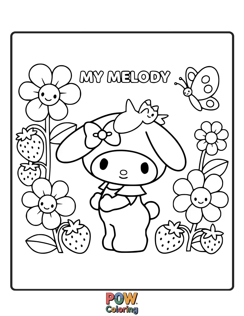 Free coloring page of My Melody tending to a beautiful garden filled with blooming flowers and friendly butterflies.