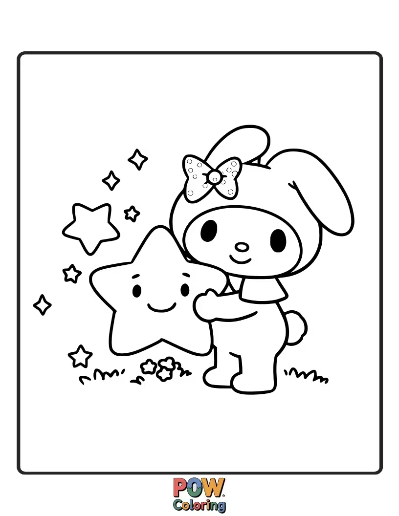 Free coloring page of My Melody gazes at a twinkling star, making a heartfelt wish, a scene of hope and dreams.
