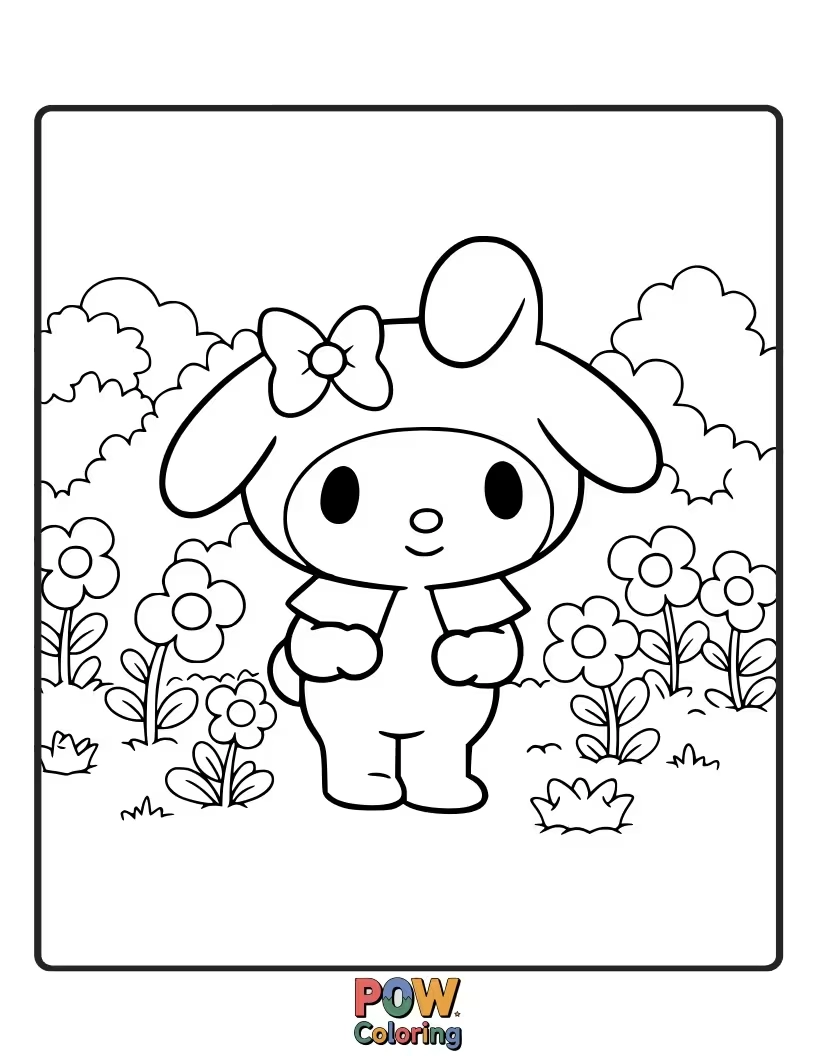 Free coloring page of A sweet My Melody surrounded by a garden of blooming flowers, perfect for adding vibrant colors to nature.