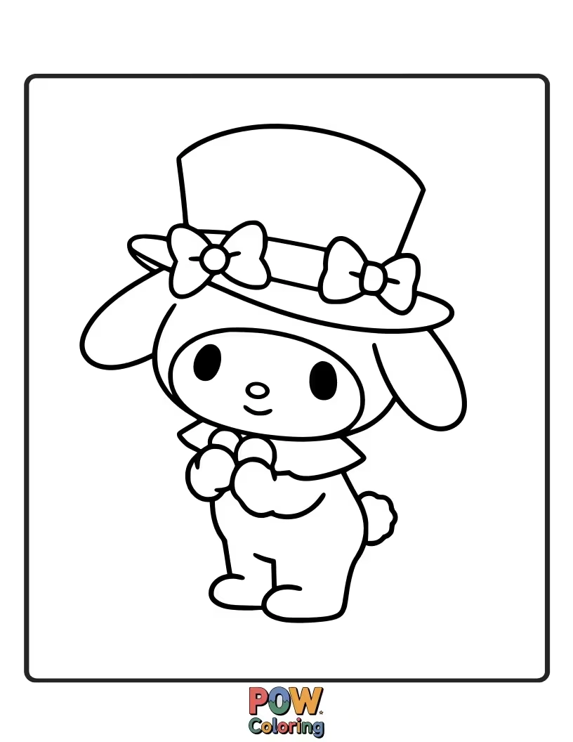 Free coloring page of My Melody looking stylish and cheerful as she wears a fashionable and fun hat.