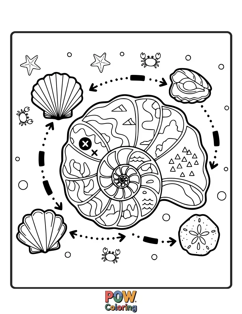 Free coloring page of An ancient-looking seashell etched with swirling lines and symbols, hinting at hidden treasures to color.