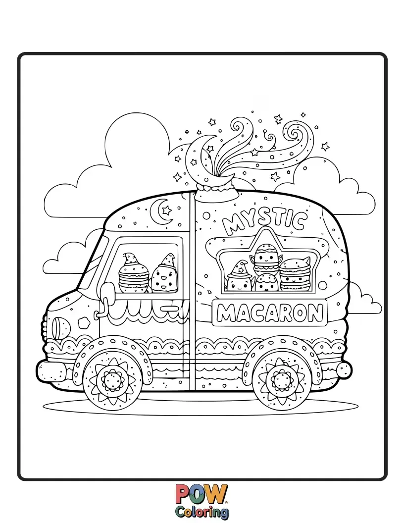 Free coloring page of A delicate food truck adorned with whimsical patterns, offering a spectrum of colorful and delightful macarons.