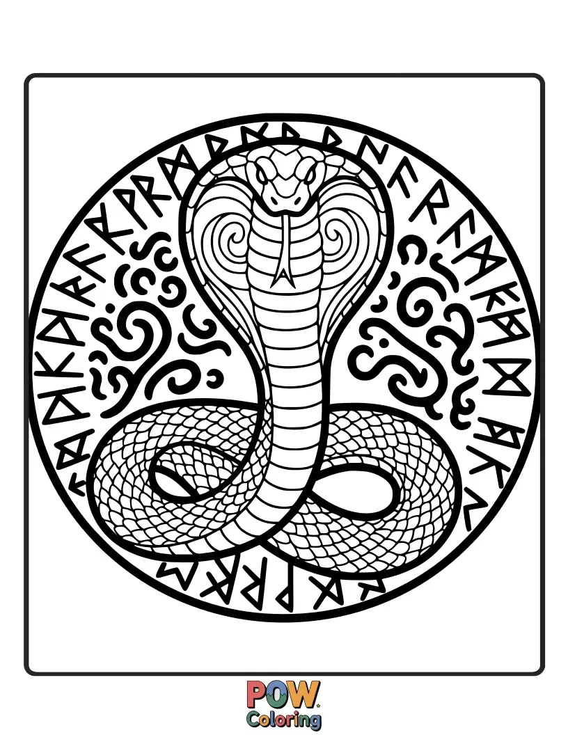 Free coloring page of A unique cobra snake whose body forms an ancient, glowing rune, radiating magical energy.