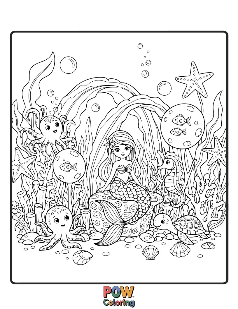 Free coloring page of A serene mermaid tending to glowing coral and sea anemones. Enchanting underwater flora and a touch of magic.
