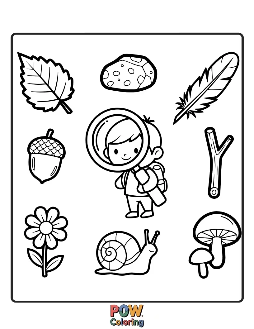 Free coloring page of A list of items to find in nature like a pinecone, smooth stone, and a fallen leaf. Engage with the natural environment.