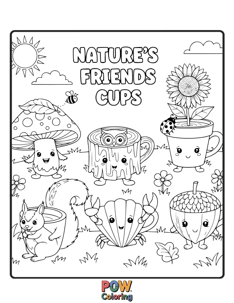 Free coloring page of Cups adorned with leaves, flowers, and vines, blending beautifully with woodland creatures and plants.