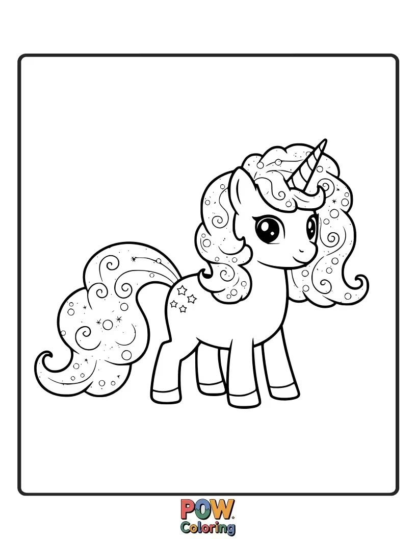 Free coloring page of Unicorn emerging from or surrounded by swirling clouds of nebula dust.