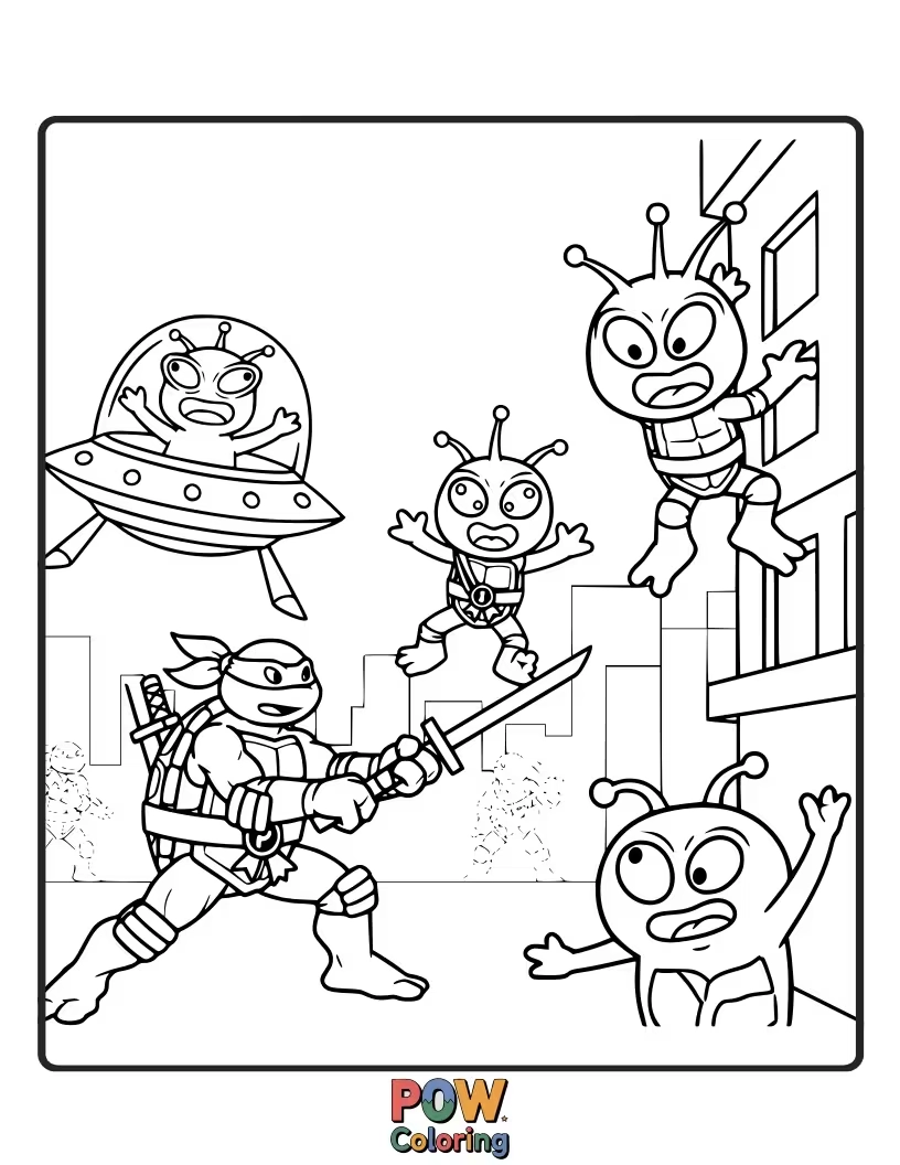 Free coloring page of The turtles defending Earth from an invasion of menacing extraterrestrial beings.
