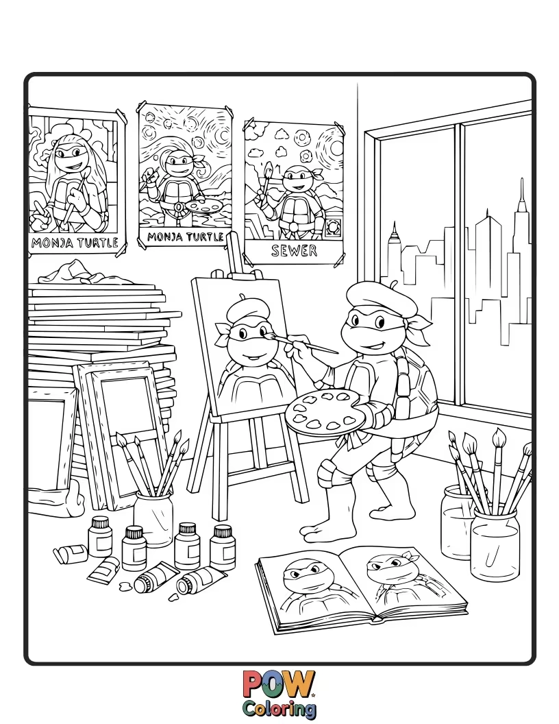 Free coloring page of The turtles showcasing their artistic talents, painting and sculpting in a creative space.