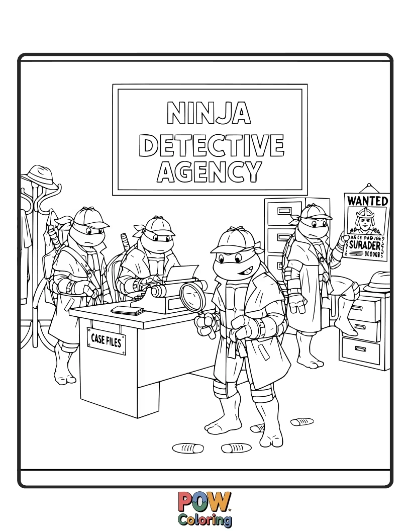 Free coloring page of The turtles solving a mystery, examining clues and interviewing suspects.