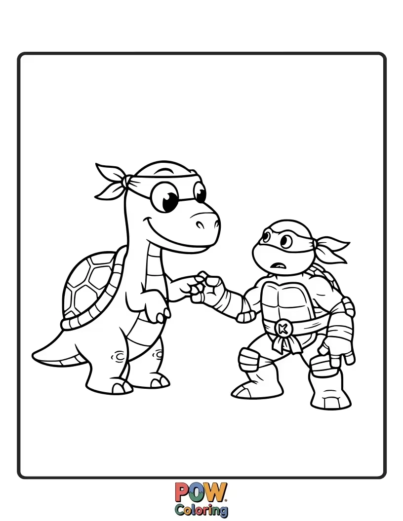 Free coloring page of The turtles facing a mighty Tyrannosaurus Rex in a prehistoric landscape.