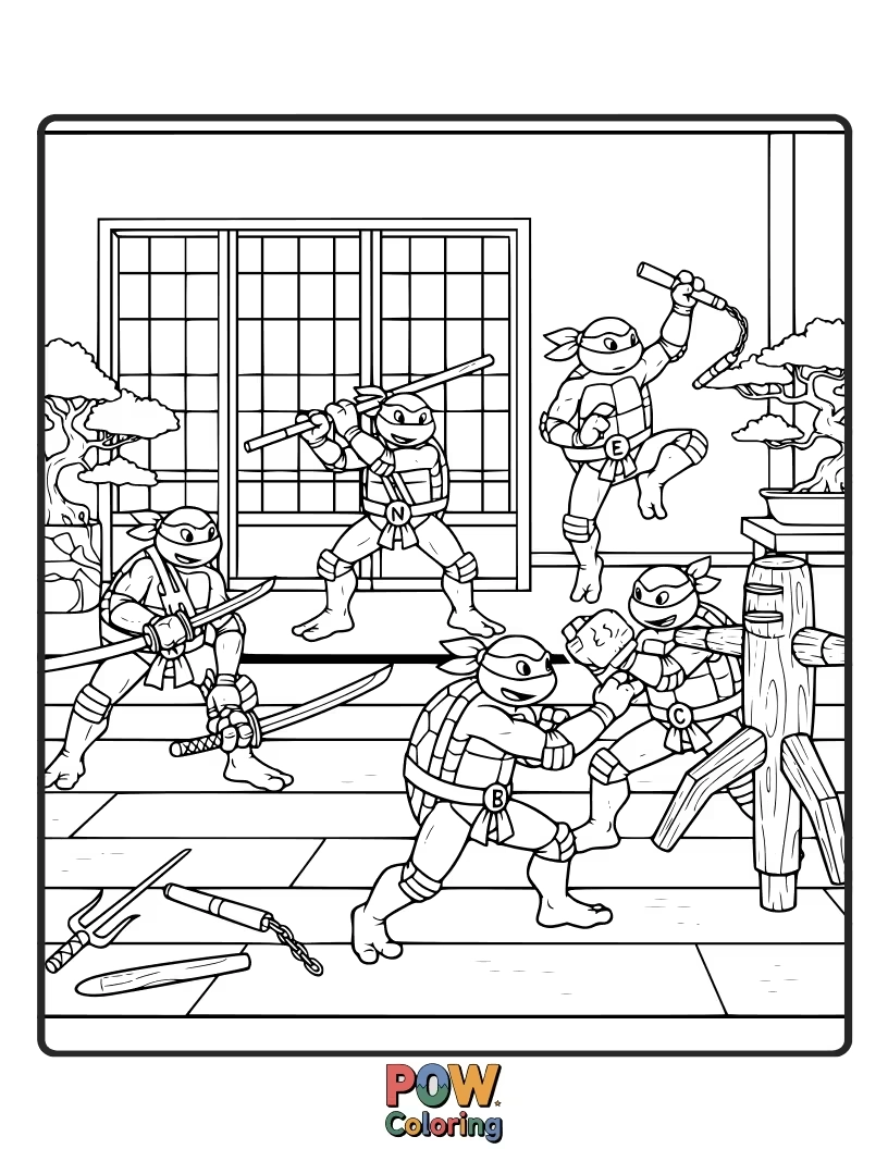 Free coloring page of Four turtles in dynamic martial arts poses, practicing their skills amidst traditional dojo elements.