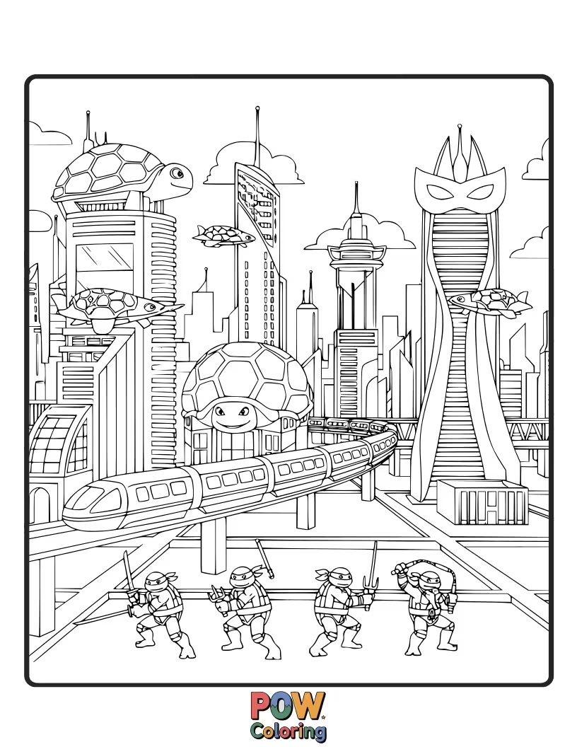 Free coloring page of The turtles navigating a futuristic cityscape with flying cars and holographic advertisements.