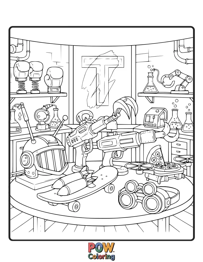 Free coloring page of Donatello proudly showcasing his latest inventions, surrounded by wires, tools, and blinking lights.