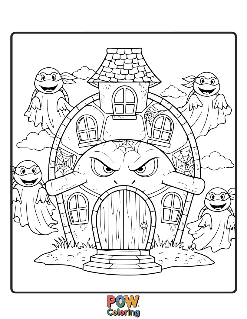 Free coloring page of The turtles bravely exploring a spooky haunted house, encountering ghosts and ghouls.