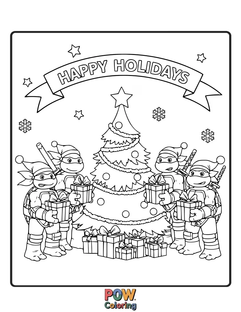 Free coloring page of The turtles celebrating a festive holiday, perhaps with themed decorations and gifts.