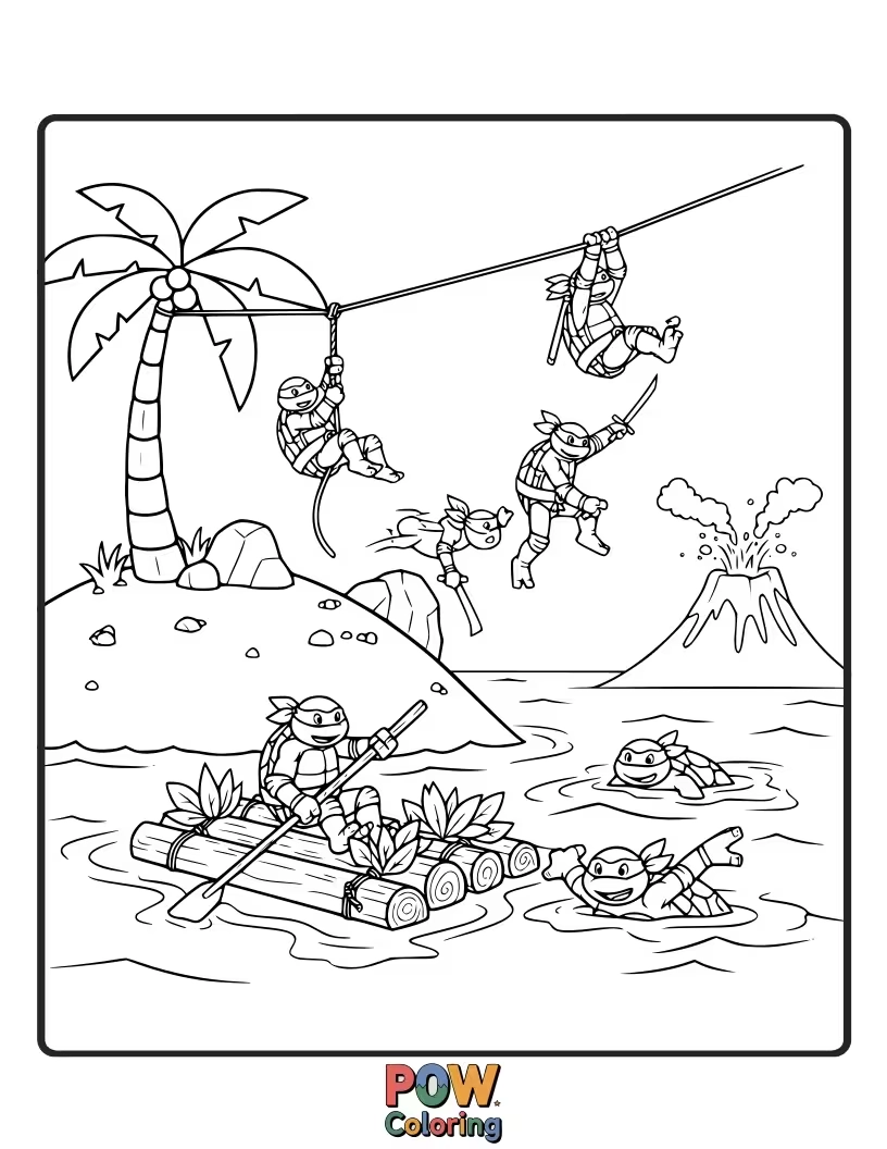 Free coloring page of The turtles stranded on a tropical island, trying to find a way home.