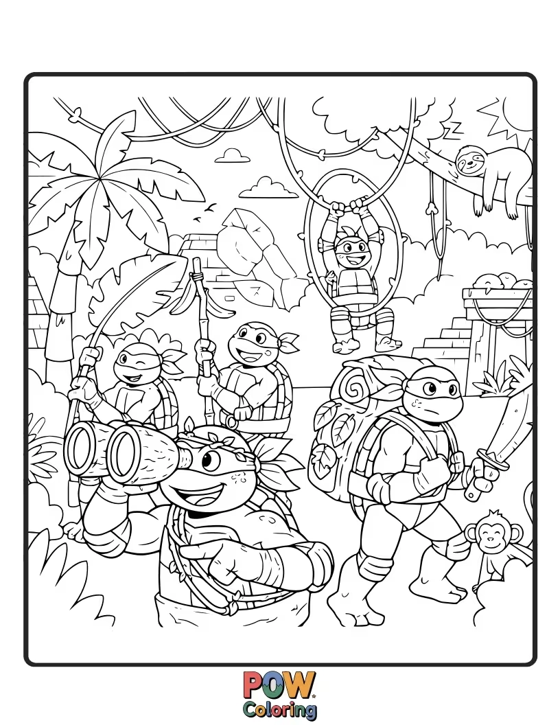 Free coloring page of The turtles exploring a dense jungle, encountering exotic animals and ancient ruins.