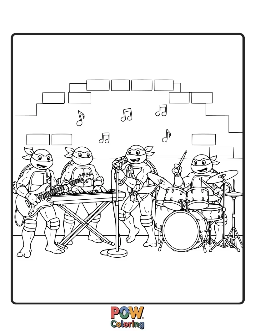 Free coloring page of The turtles playing their favorite instruments, creating a rock and roll jam session.