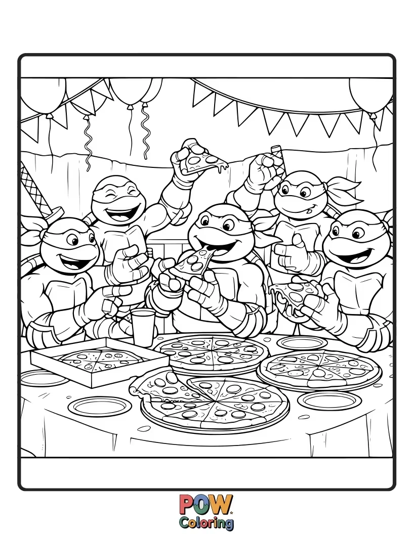 Free coloring page of The turtles joyfully devouring massive pizzas, with toppings flying and cheesy goodness everywhere.