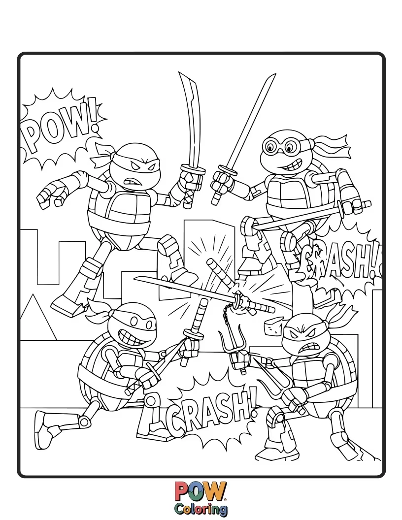 Free coloring page of The turtles battling giant, menacing robots with their unique fighting styles.