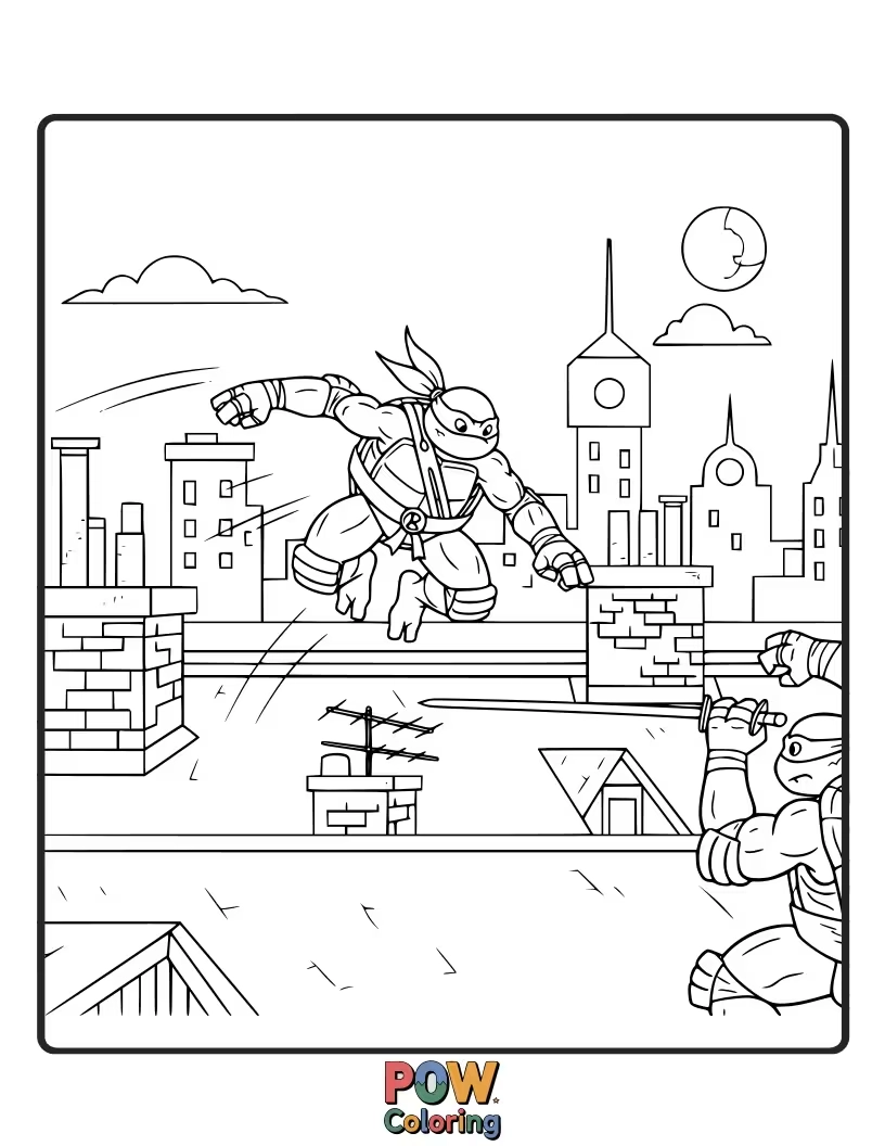 Free coloring page of The turtles fighting Foot Clan ninjas on a moonlit city rooftop, silhouetted against skyscrapers.