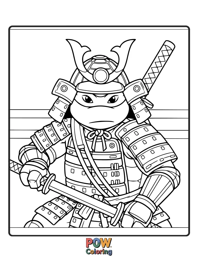 Free coloring page of Each turtle clad in ornate samurai armor, ready for a legendary showdown.