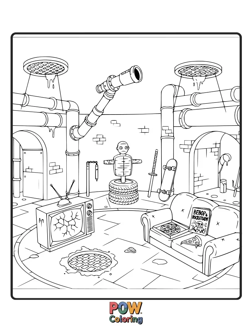 Free coloring page of A detailed scene of their underground lair, filled with gadgets, skateboards, and a cozy hangout.
