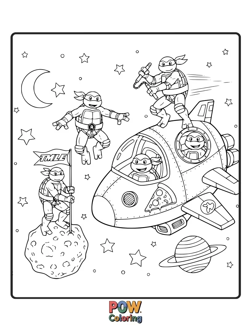 Free coloring page of The turtles in futuristic spacesuits, exploring an alien planet with strange flora.