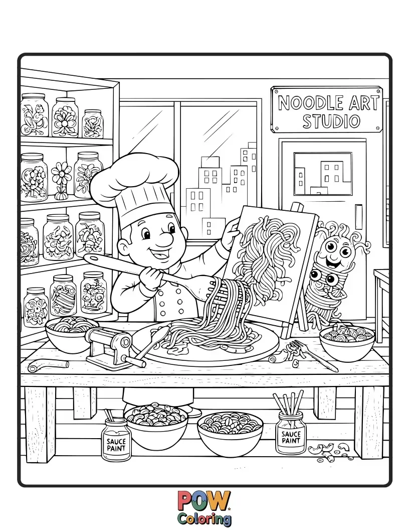 Free coloring page of Creative noodles dip their strands into colorful paint, creating beautiful masterpieces on a giant pasta canvas.
