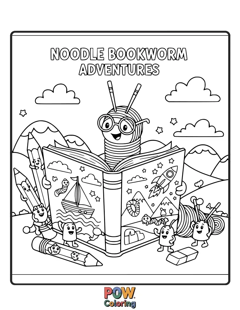 Free coloring page of Clever noodles read exciting books in a cozy library, their strands curled up among stacks of stories.