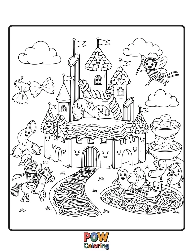 Free coloring page of Brave noodles embark on an epic quest to a majestic castle made entirely of delicious pasta, facing tasty challenges.