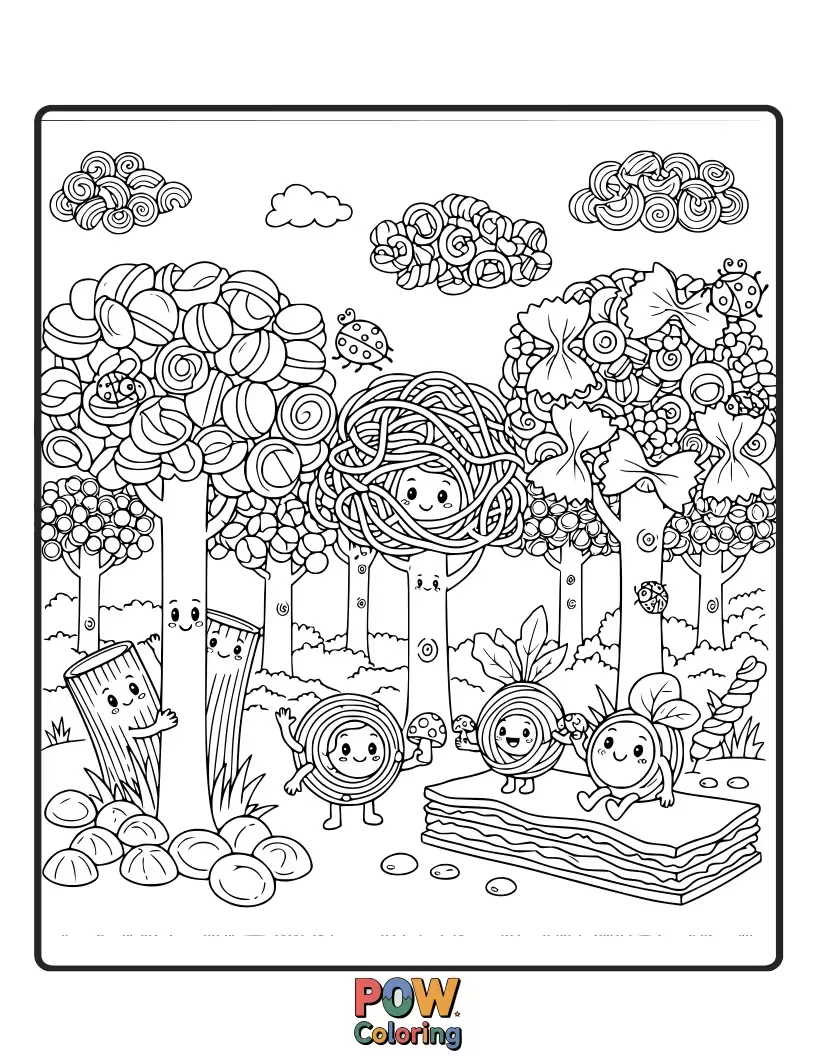 Free coloring page of Adorable noodles make new friends with woodland creatures like fluffy bunnies and cheerful squirrels in a whimsical forest.