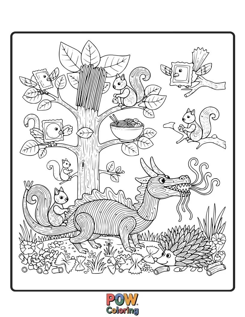 Free coloring page of Enchanting noodles transform into whimsical forest sprites, dancing with fireflies and exploring a glowing, magical woodland.