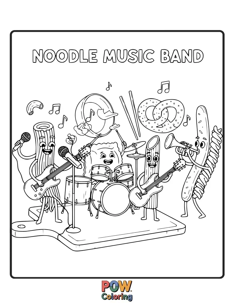 Free coloring page of A lively noodle band plays cheerful tunes, with instruments made from pasta shapes, creating a joyful melody.