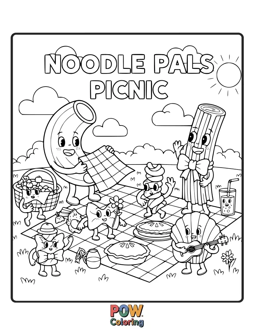 Free coloring page of A group of smiling noodles enjoying a delightful picnic in a sunny meadow, sharing laughter and tasty treats.