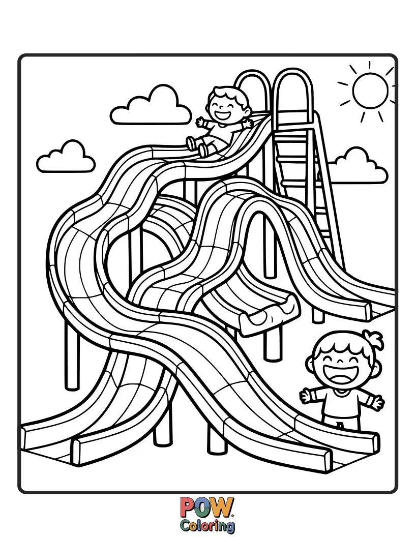 Free coloring page of Joyful noodles slide down a dazzling rainbow, giggling with delight as they zoom towards a pot of gold.