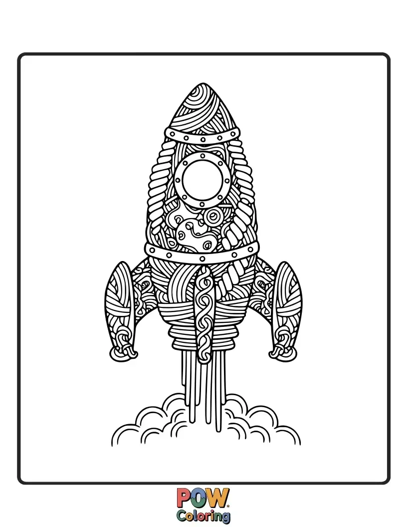 Free coloring page of A determined noodle pilot soars through space in a pasta-powered rocket ship, heading towards a galaxy of flavors.