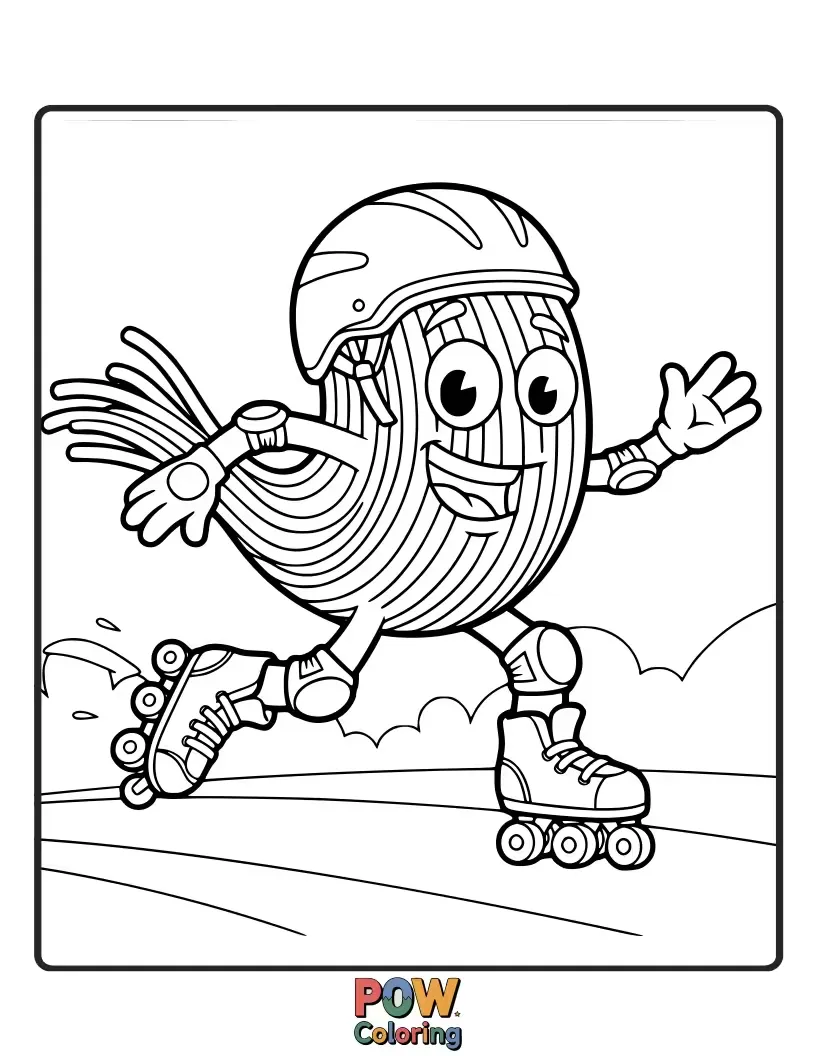 Free coloring page of Energetic noodles zoom around a skate park on roller skates, performing cool tricks and having a blast.