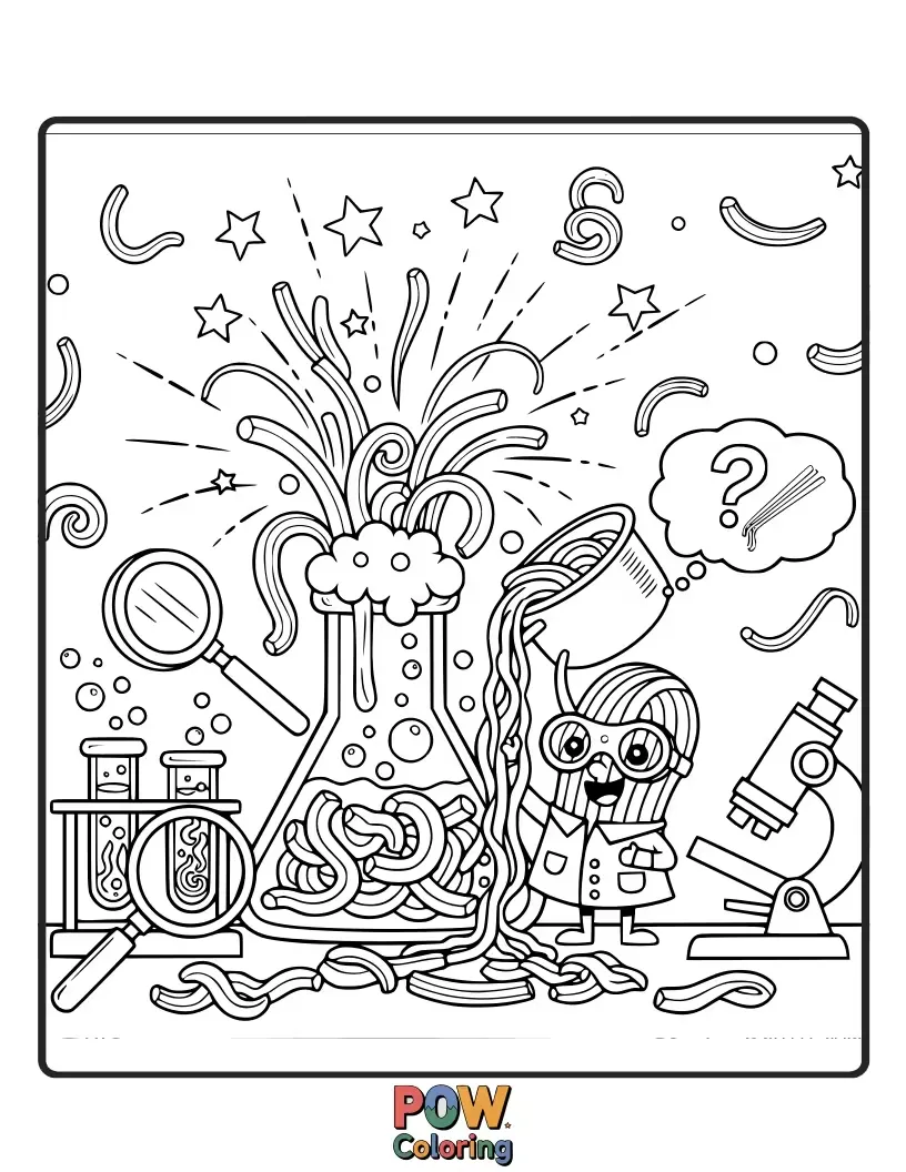 Free coloring page of Curious noodles conduct a fun science experiment, mixing colorful liquids in beakers and observing bubbly reactions.