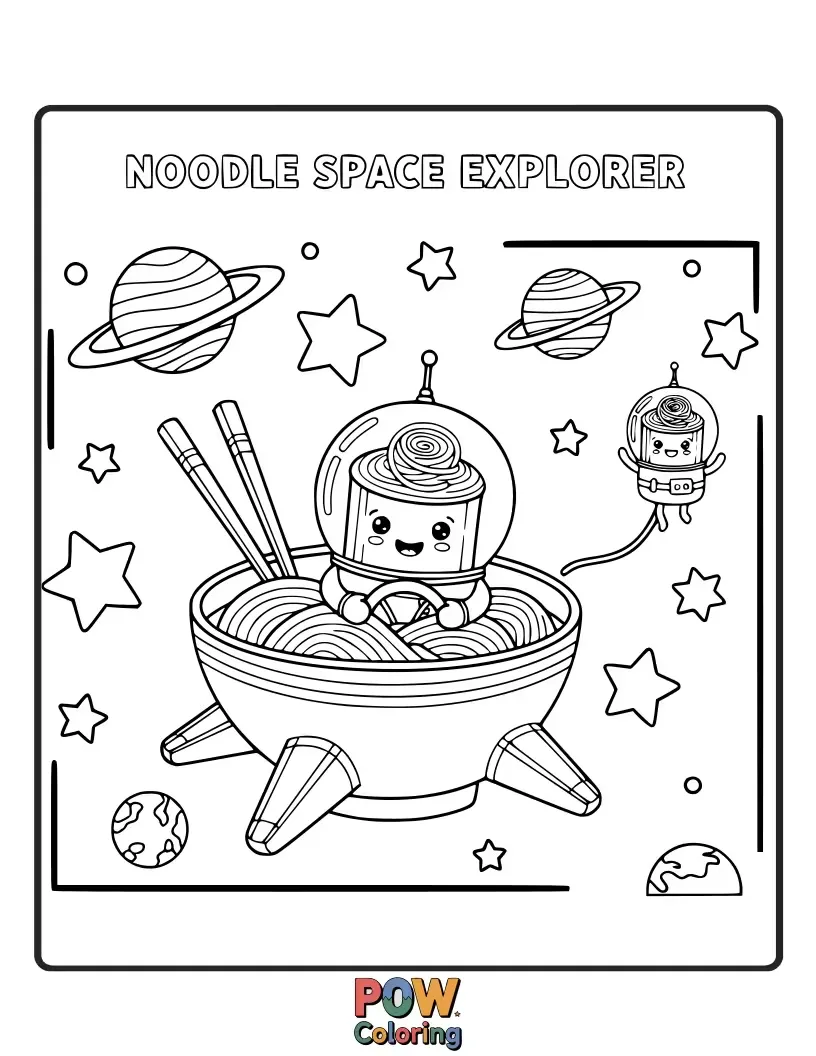 Free coloring page of An intrepid noodle astronaut explores a new planet, planting a pasta flag and discovering unique alien life.