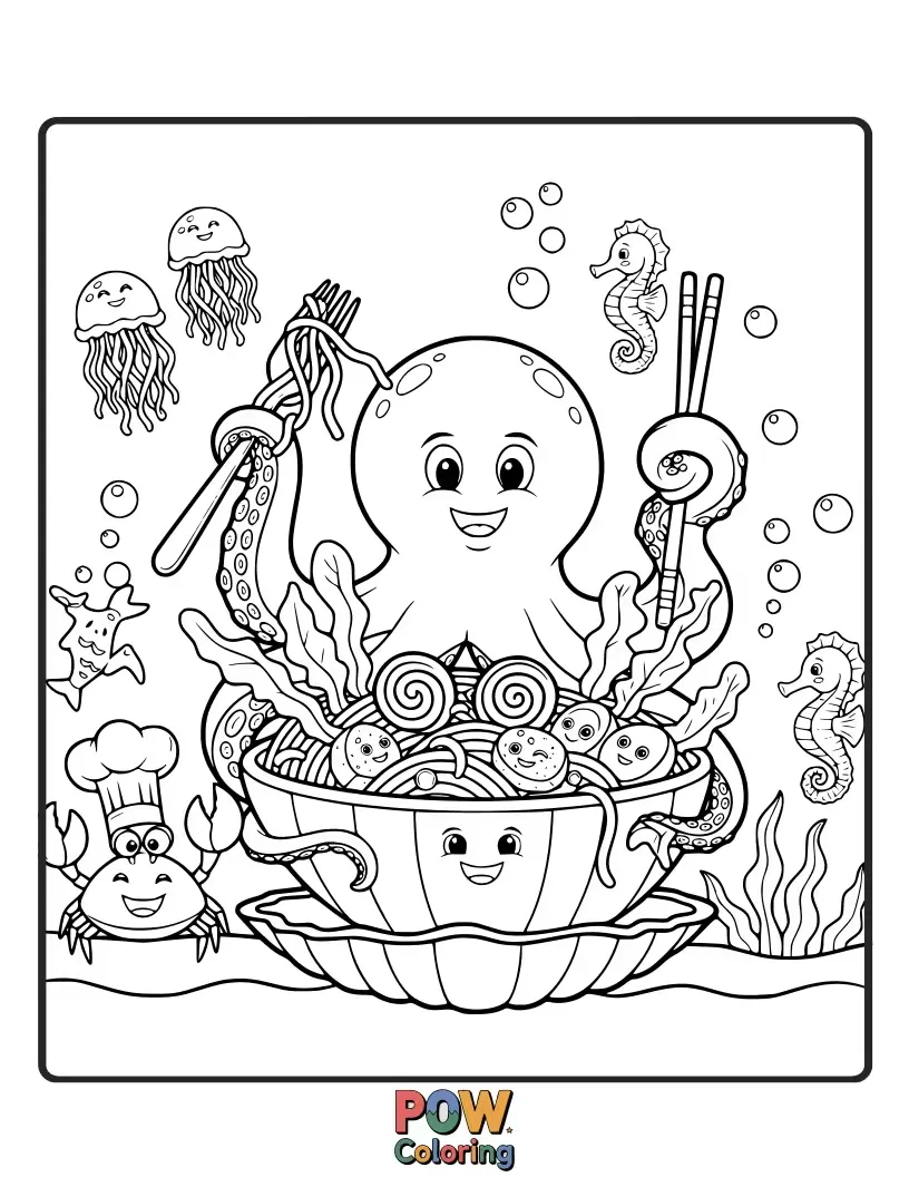 Free coloring page of Friendly noodles swim with playful sea creatures like happy fish and giggling crabs in a vibrant underwater world.