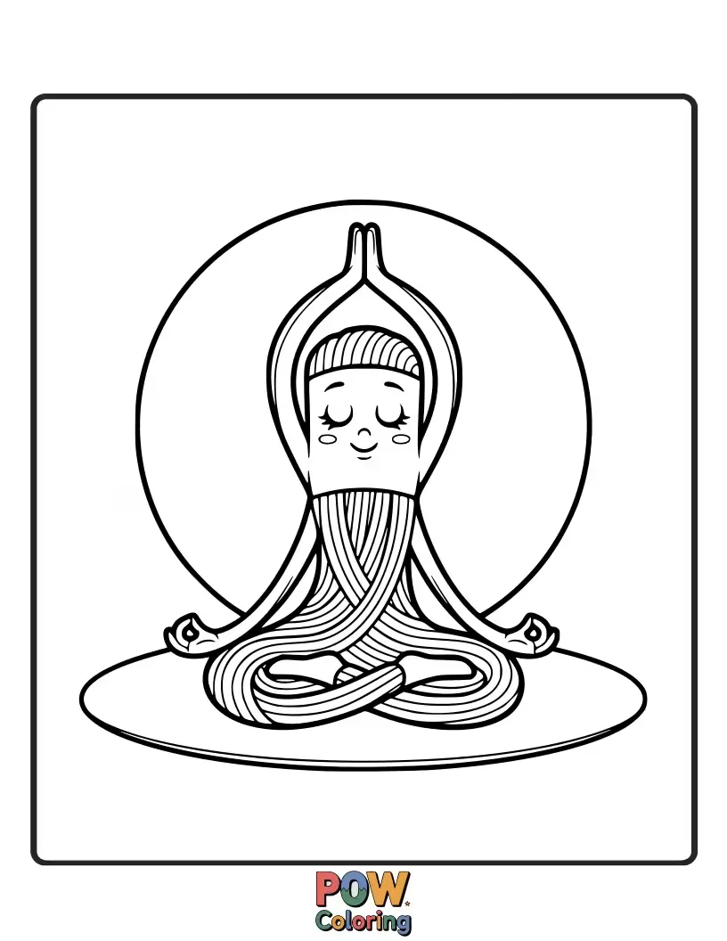 Free coloring page of Peaceful noodles strike elegant yoga poses, finding their inner calm amidst a serene, nature-inspired setting.