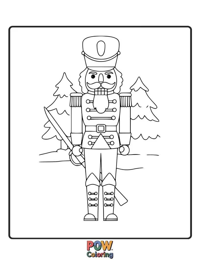Free coloring page of A majestic Nutcracker soldier standing guard, with intricate details and a regal presence. A classic holiday figure.